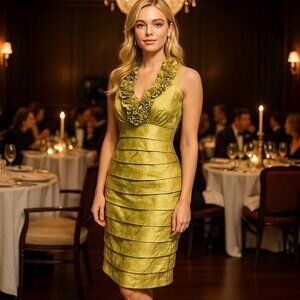 New LONDON TIMES Metallic Chartreuse Tiered Midi Dress Rosette V-Neckline SZ 8